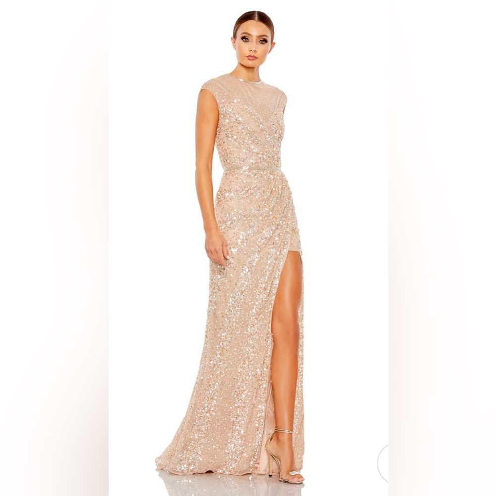 Mac Duggal Sequin Embellished Maxi Dress in Champagne